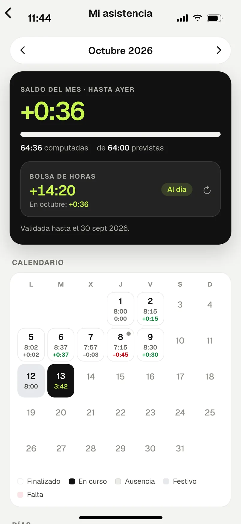 Mi asistencia: saldo del mes, bolsa de horas y calendario