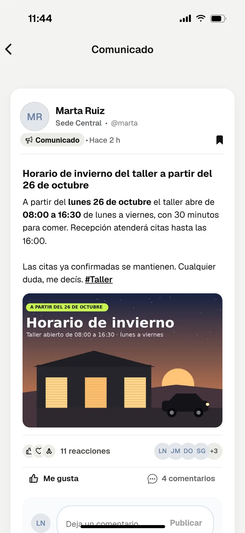 Comunicado de la empresa con reacciones y comentarios
