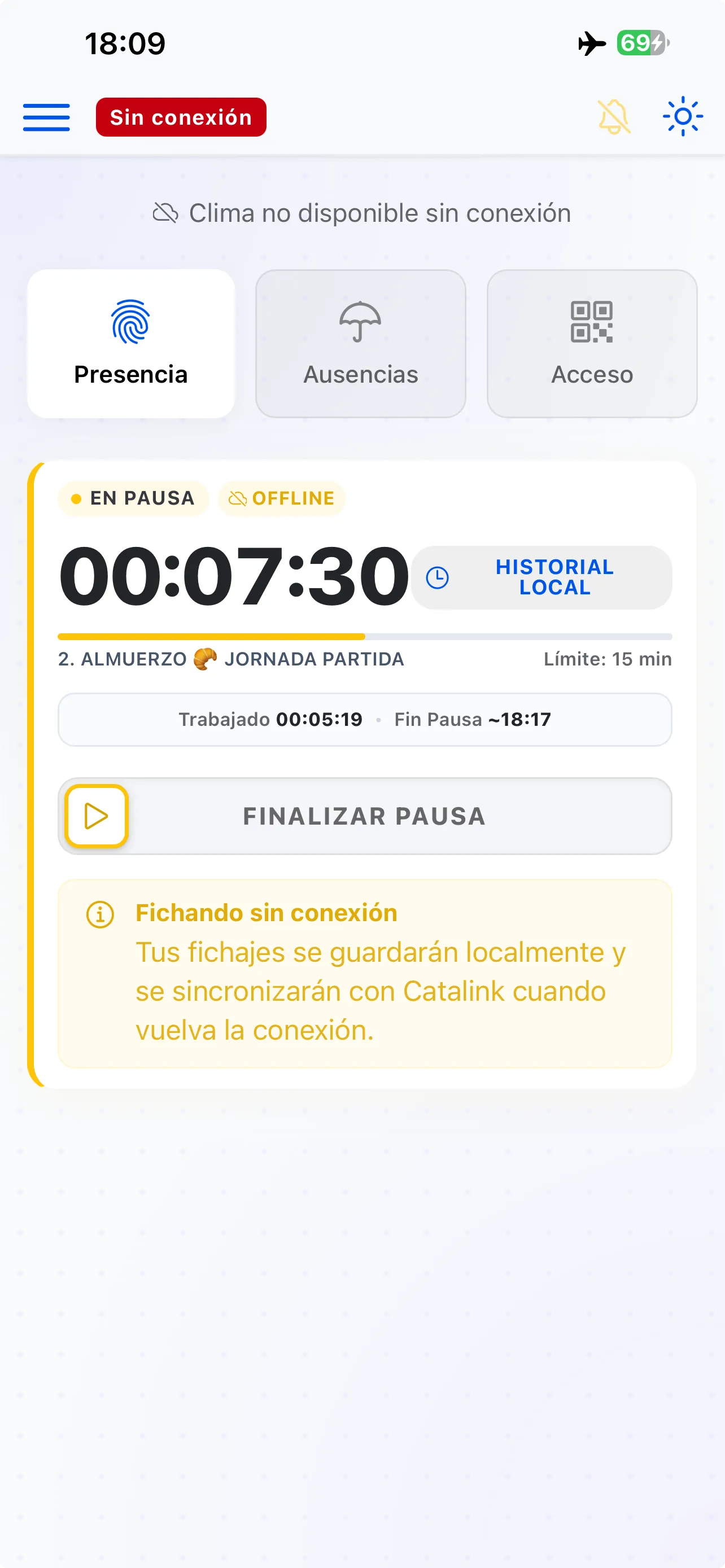 Fichaje sin conexión en Catalink Go