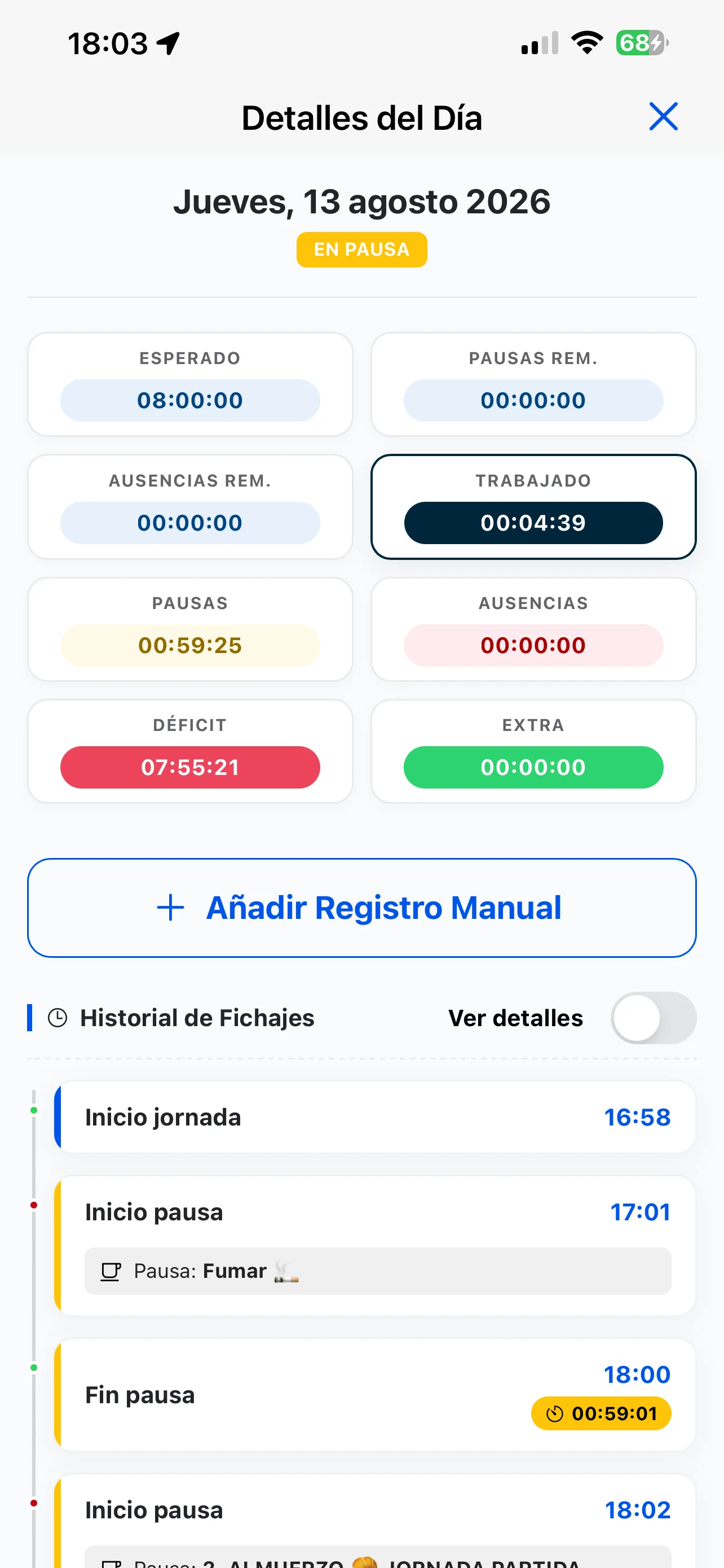 Historial de fichajes