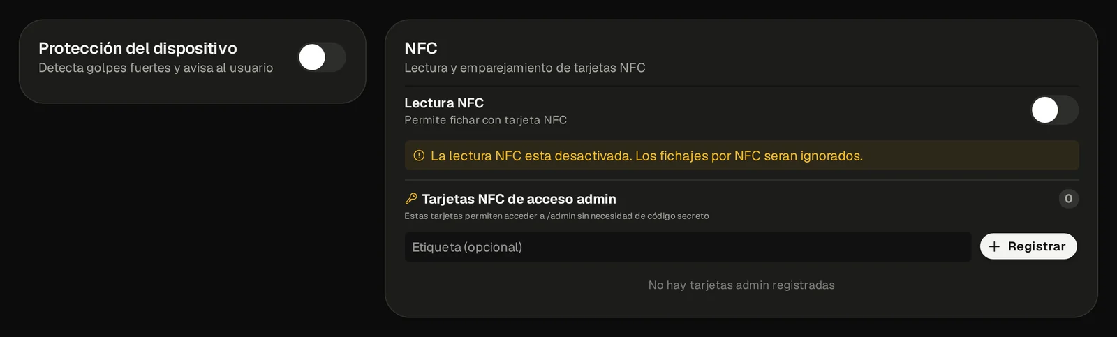 Panel Admin: protección anti-golpes, lectura NFC y tarjetas de acceso admin
