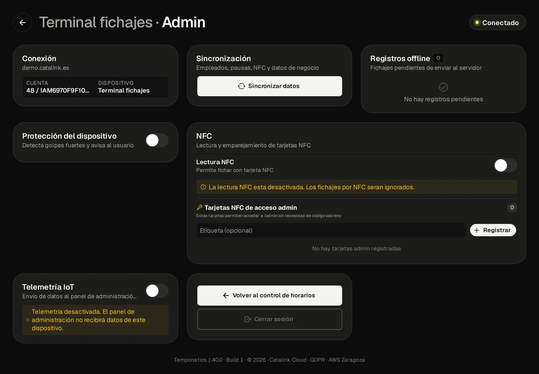 Panel Admin: conexión, sincronización, registros sin conexión, protección, NFC y telemetría