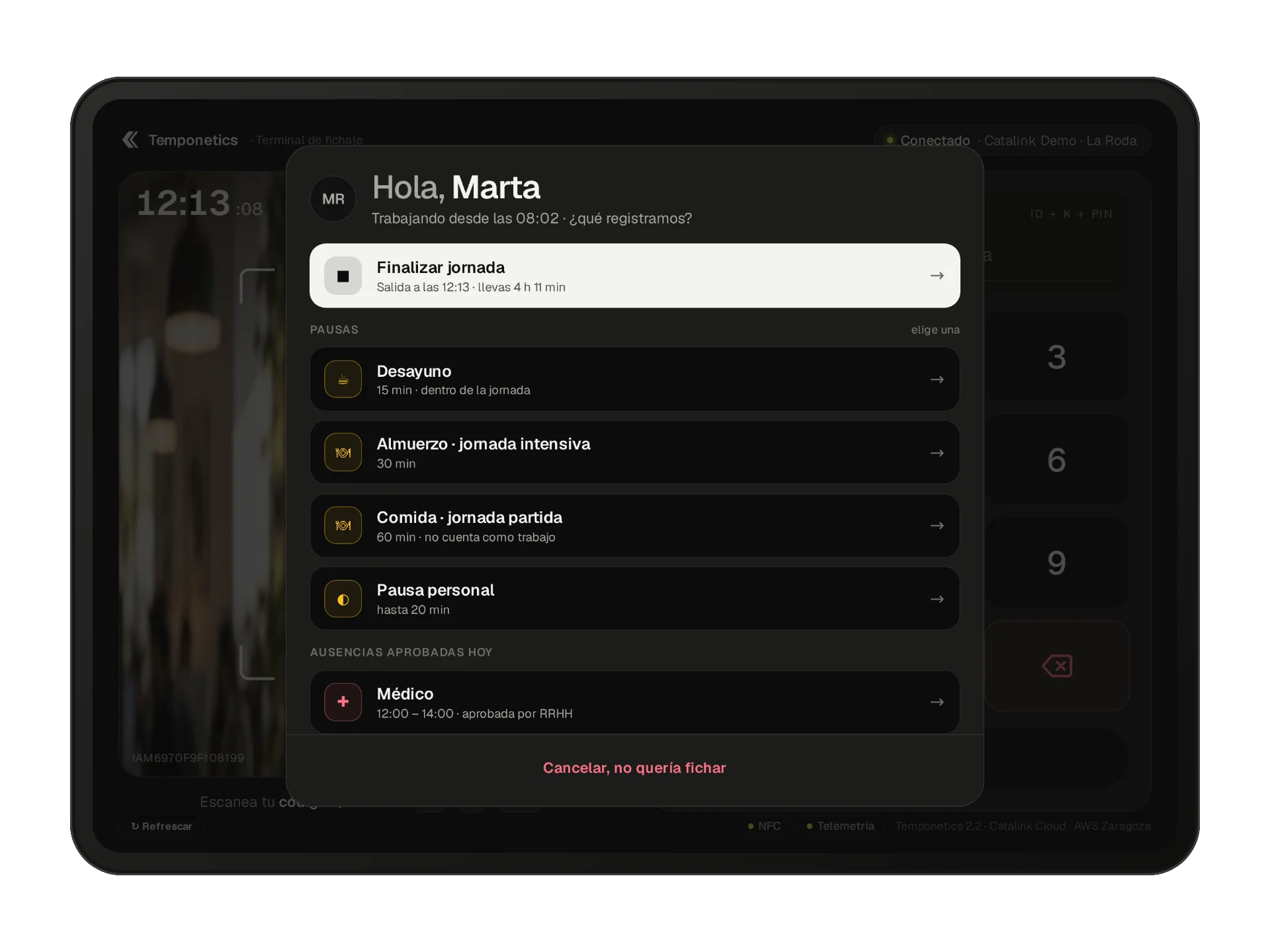 Temponetics: la hoja «Hola, Marta» con finalizar jornada, las pausas y las ausencias aprobadas de hoy