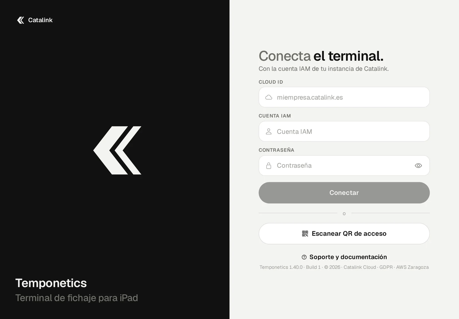 Pantalla de conexión de Temponetics: Cloud ID, cuenta IAM, contraseña o QR de acceso