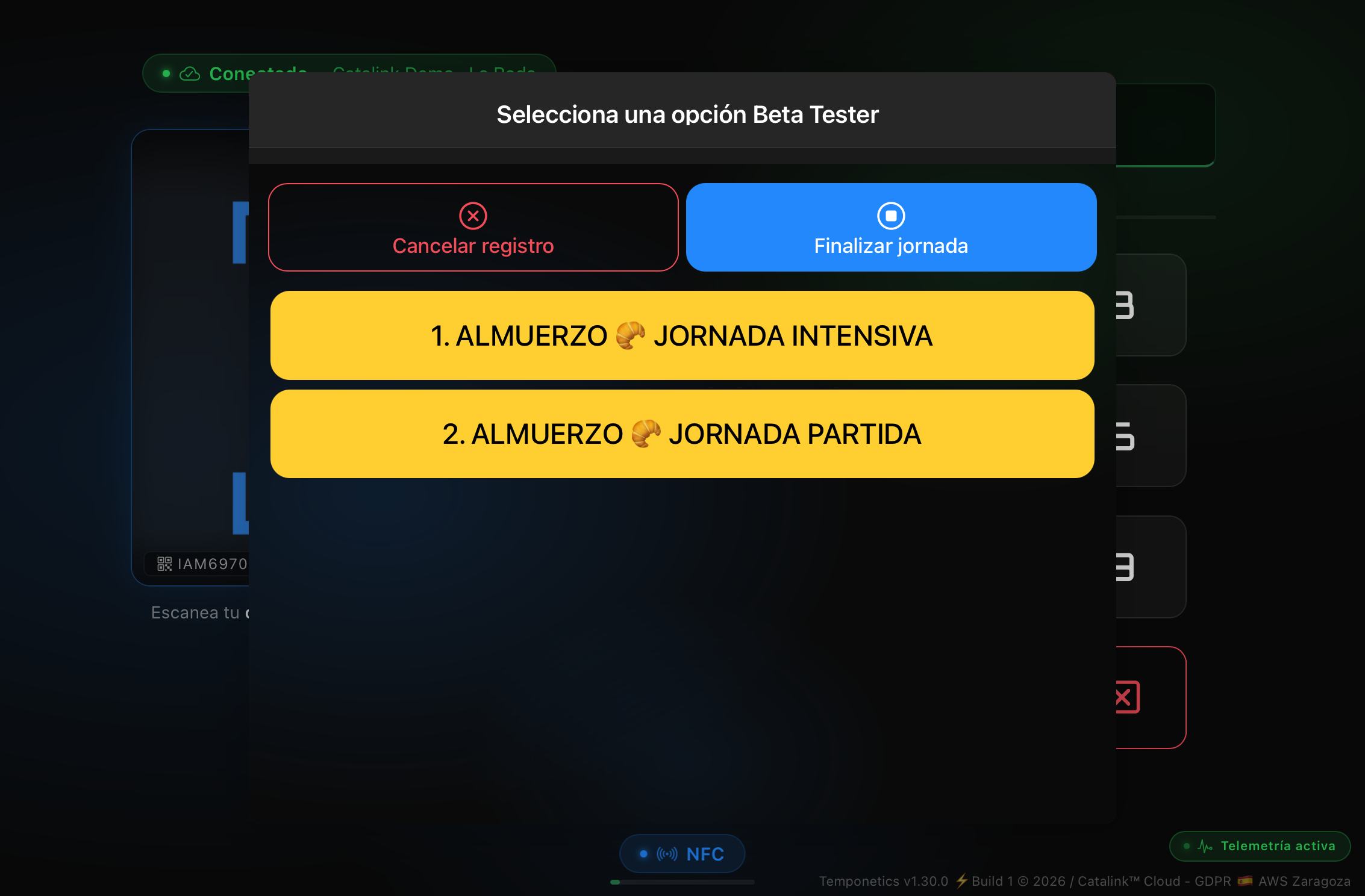 Diálogo de selección de acción: entrada, salida, pausas configurables