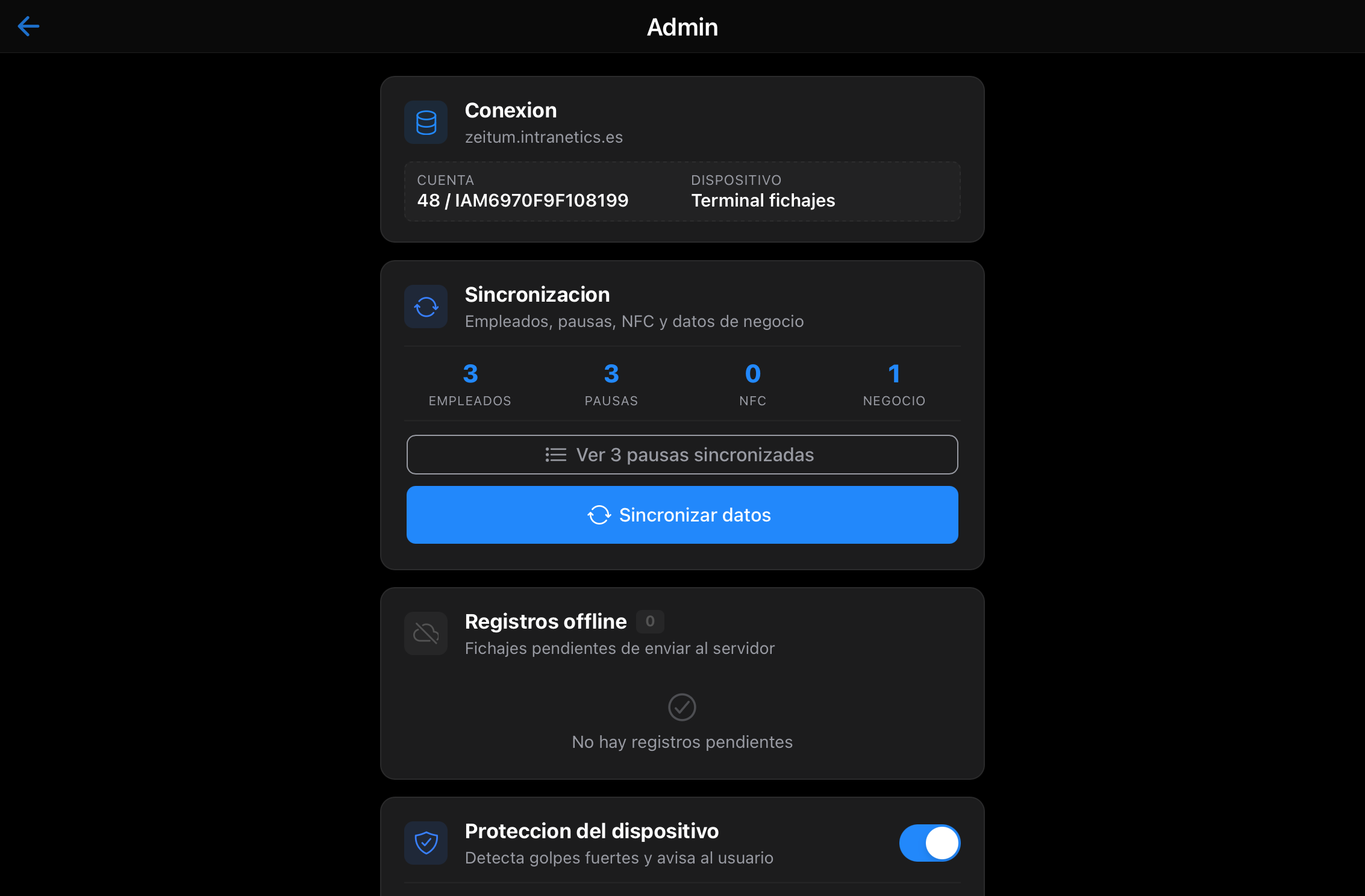 Panel Admin: conexión, sincronización, registros offline y protección del dispositivo