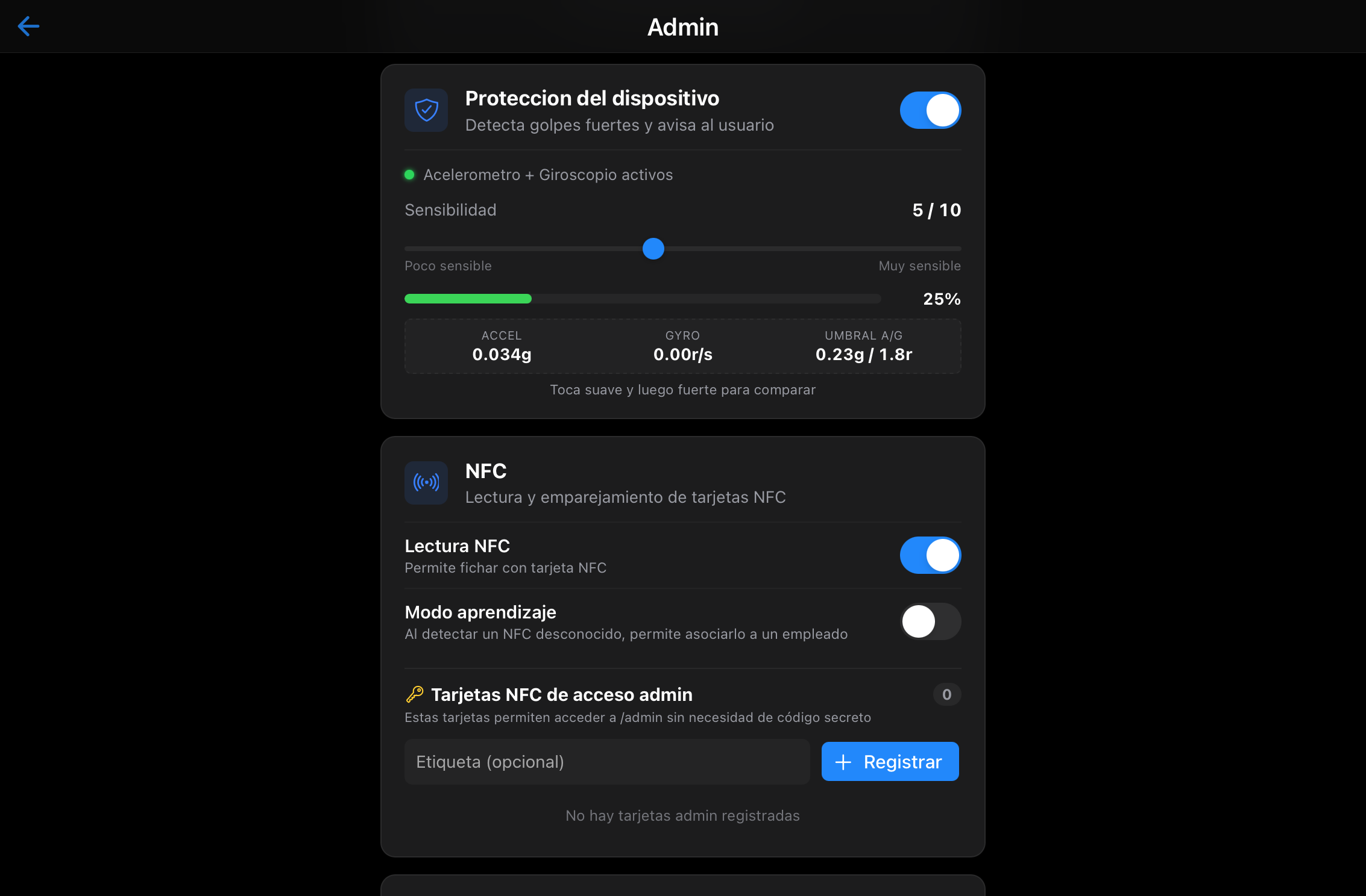Panel Admin: configuración de protección anti-golpes y NFC