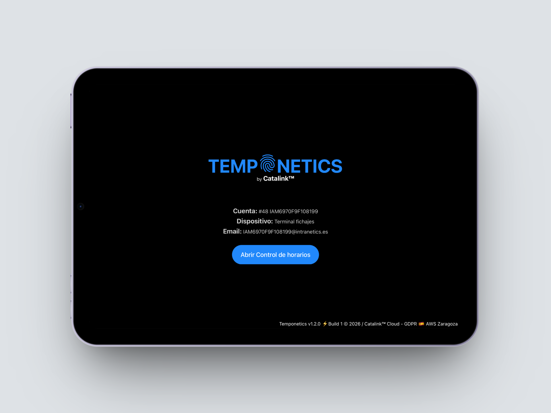 Temponetics — Pantalla de inicio con datos de cuenta y dispositivo